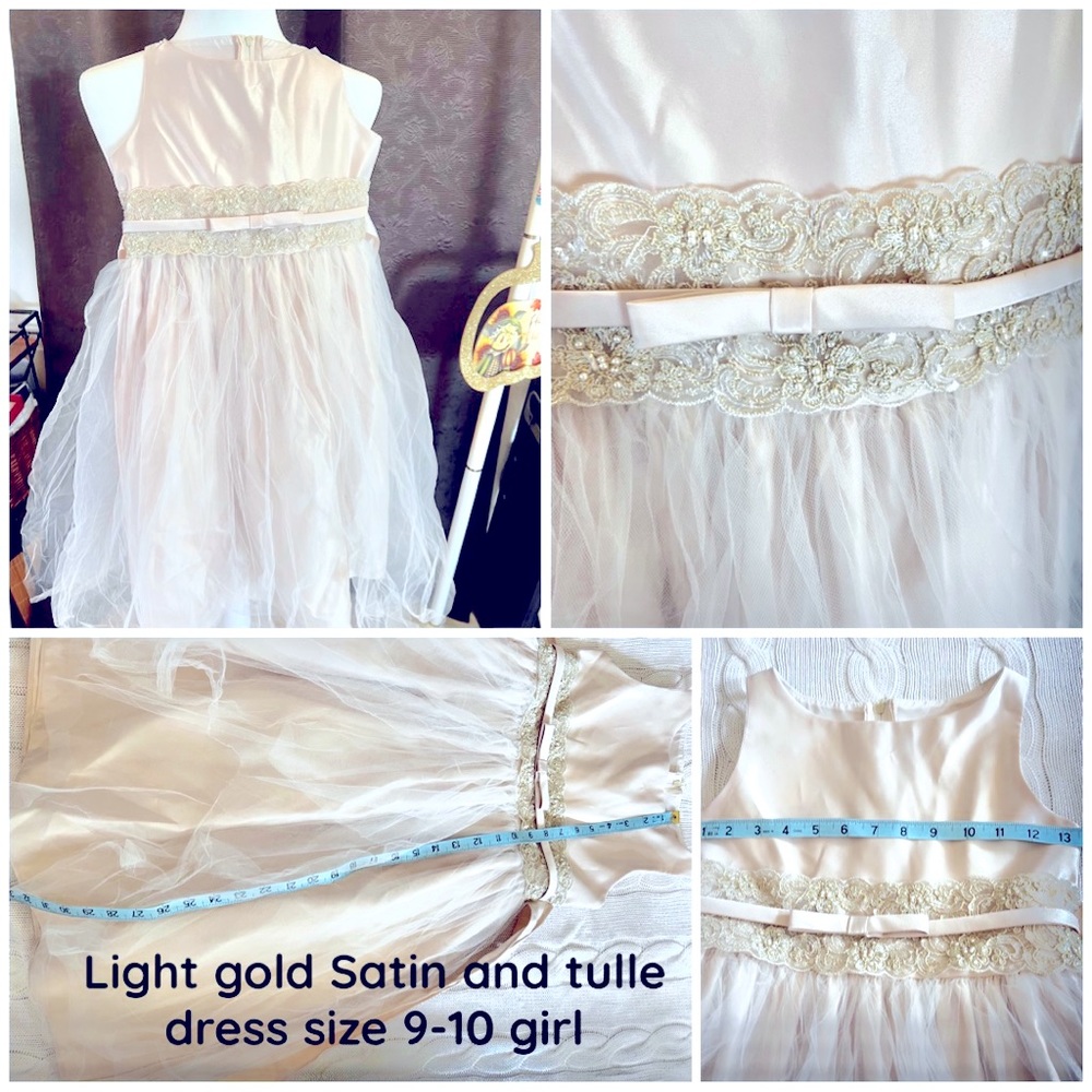 Girl satin and tulle dress in light gold tones size 9-10.